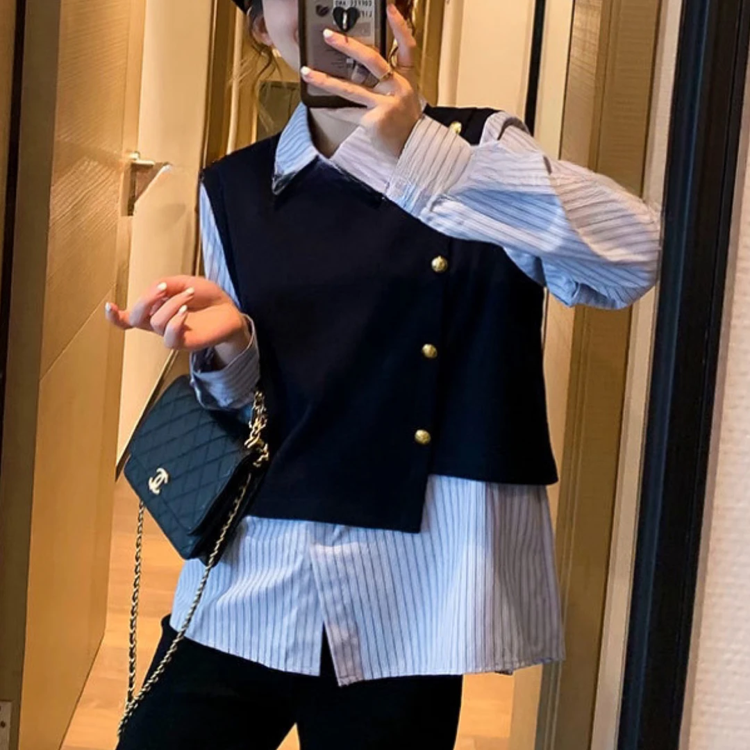 樊范儿2025秋季新款时尚显瘦假两件拼接条纹长袖衬衫女-6038