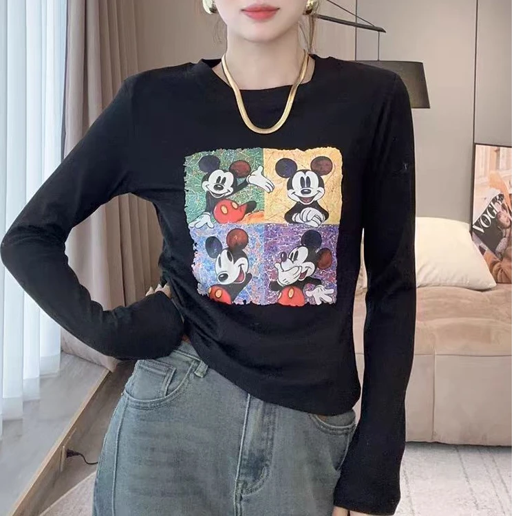 （衣长约47）秋季新款百搭气质显瘦修身时尚印花长袖T恤8858米老鼠