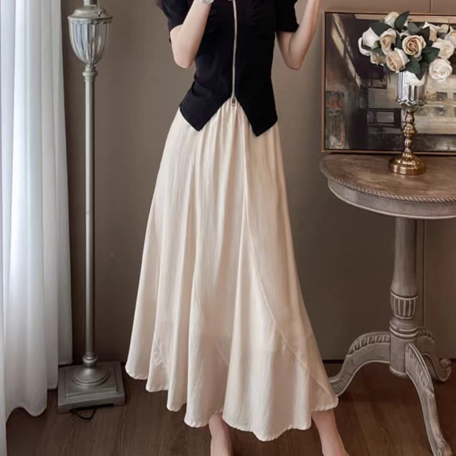 （裙长约82）夏季新款时尚百搭气质高腰显瘦半身裙双层下摆裙2607