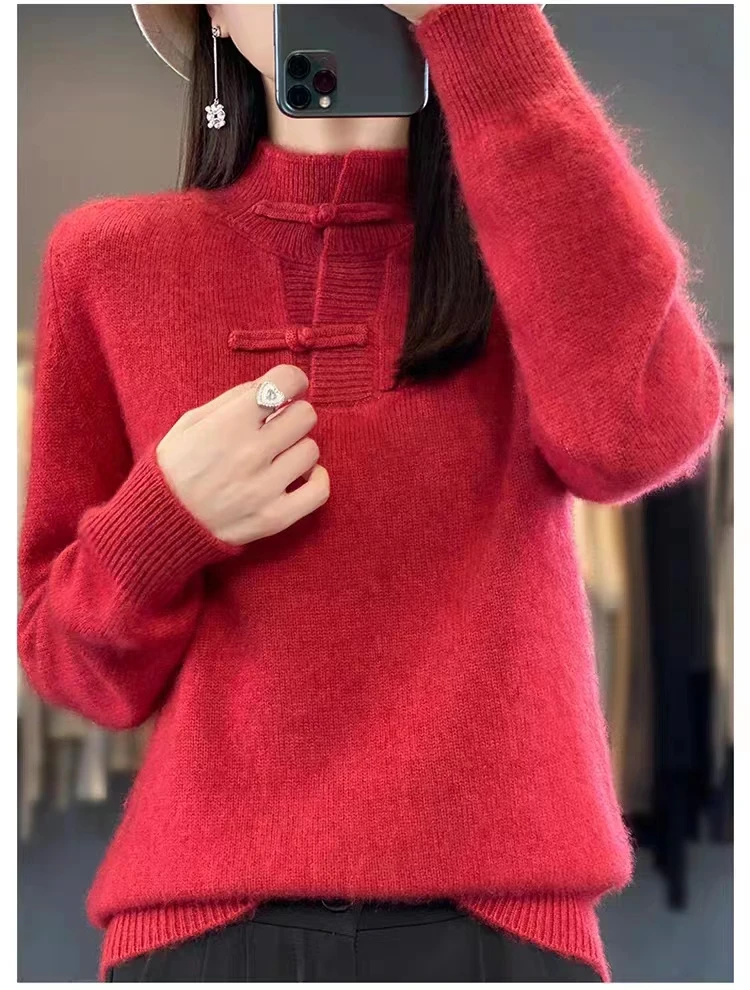 中国风盘扣半高领100纯羊毛毛衣秋冬羊毛衫女红色针织打底衫加厚