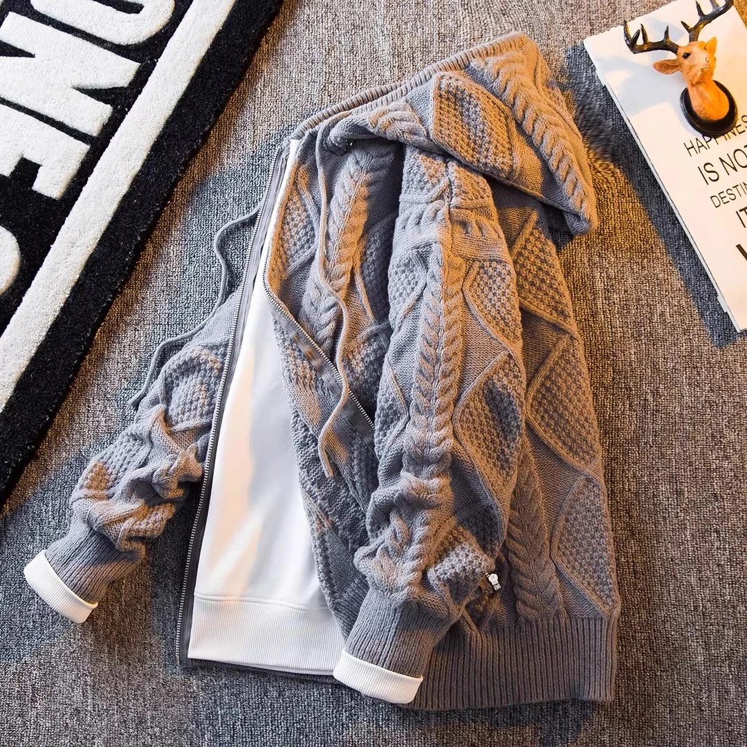 仓石一树潮牌连帽拉链针织开衫外套男秋冬复古麻花男士针织衫毛衣