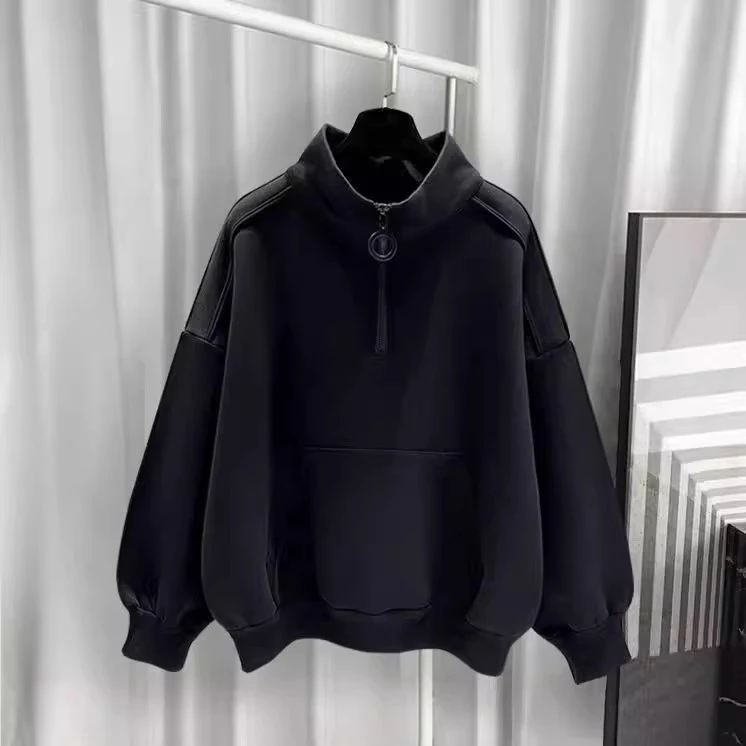 仓石一树港风半高领卫衣男士加绒宽松拉链纯色衣服长袖2023新款潮
