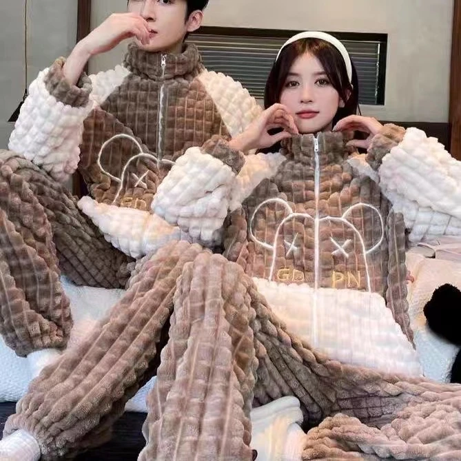 爆款睡衣冬款珊瑚绒拉链法兰绒新款卡通小熊家居服套装