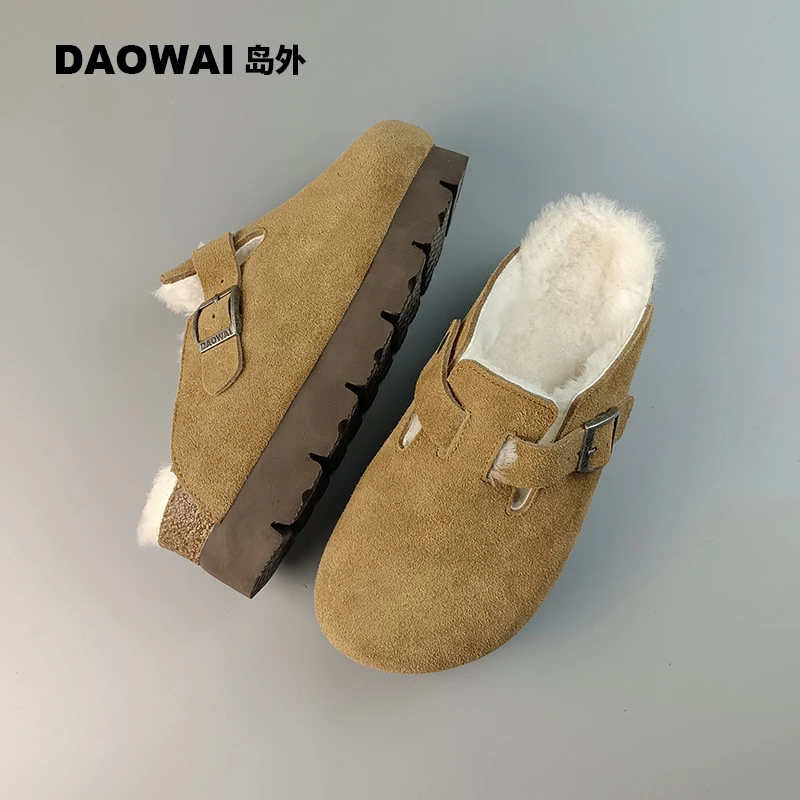岛外DAOWAI勃肯鞋半包头厚底4cm加绒保暖软木鞋复古boston博肯鞋