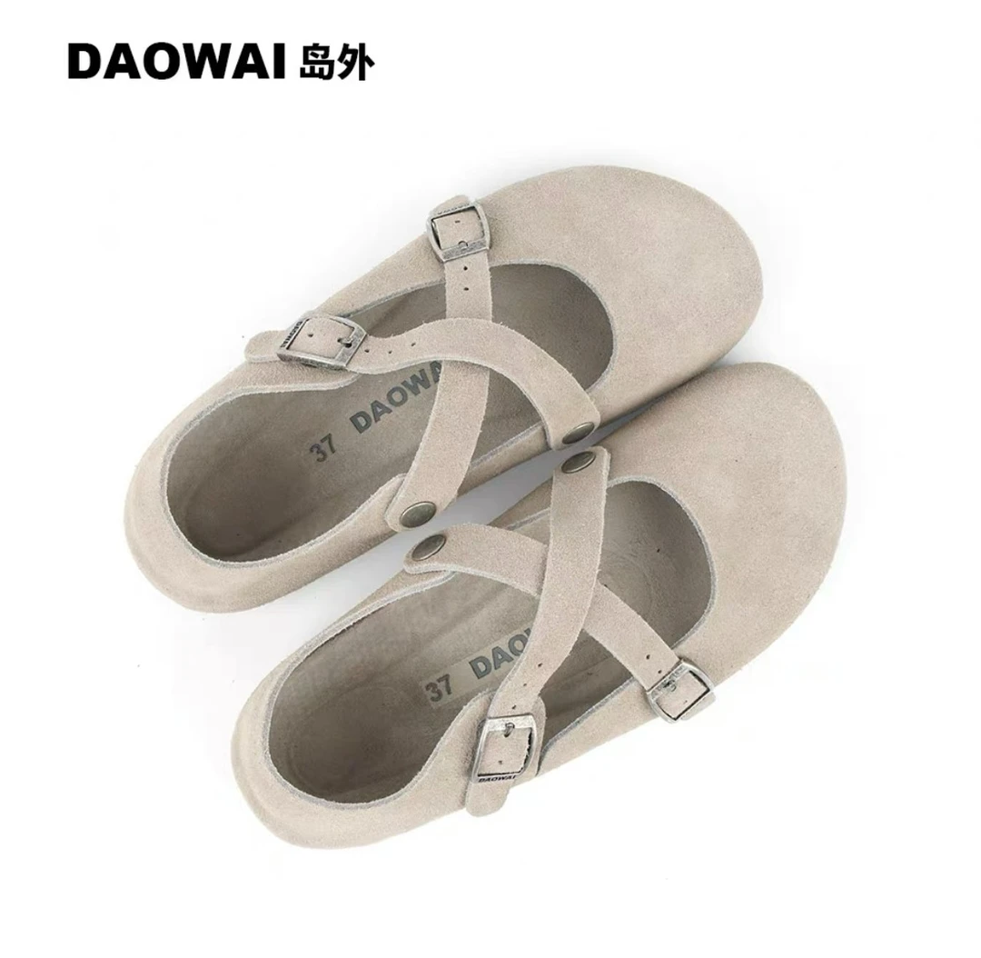 岛外DAOWAI交叉玛丽珍软木拖女鞋复古森女学院真皮
