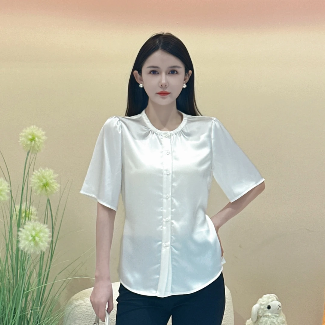 小小【萝L】家女装衬衫白色时尚休闲百搭夏季宽松纯色圆领 1062
