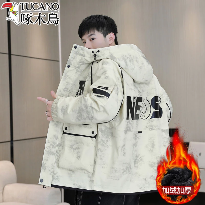 时尚啄木鸟加绒夹克男2024秋冬季热款保暖舒适青少年休闲简约简约