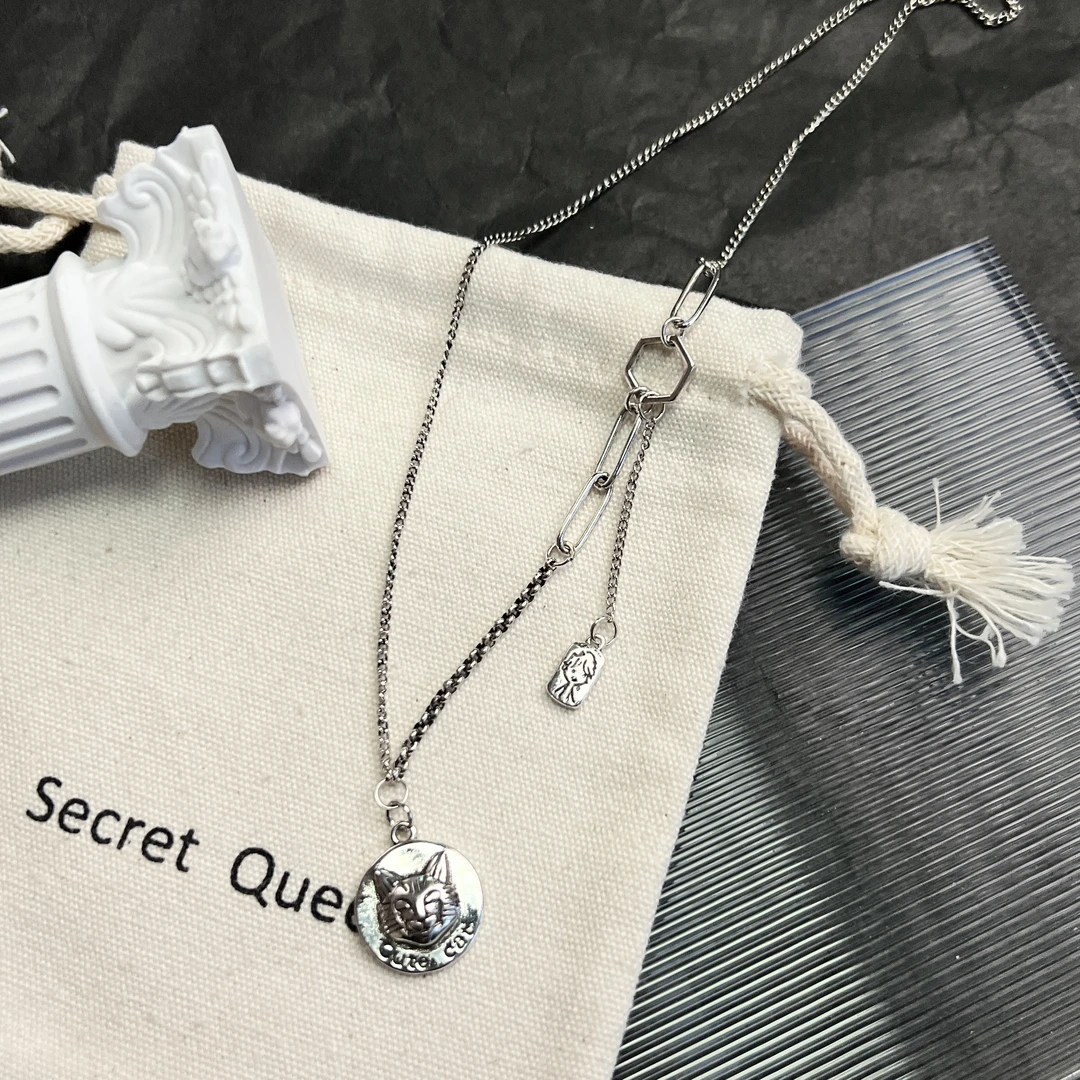 铜合金项链 小众设计可爱猫咪圆牌复古项链AE046