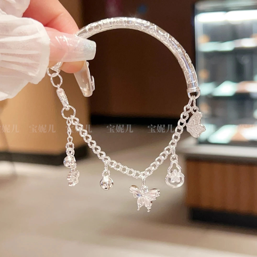 足银手链 吉言蝴蝶足银9999纯银手链女葫芦铃铛半镯手链轻奢小众