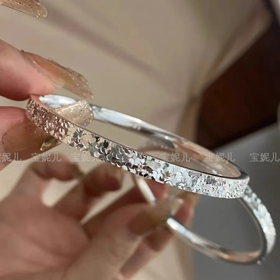 足银手镯 碎冰冰银手镯女9999纯银爆闪实心闭口镯子ins小众送女友