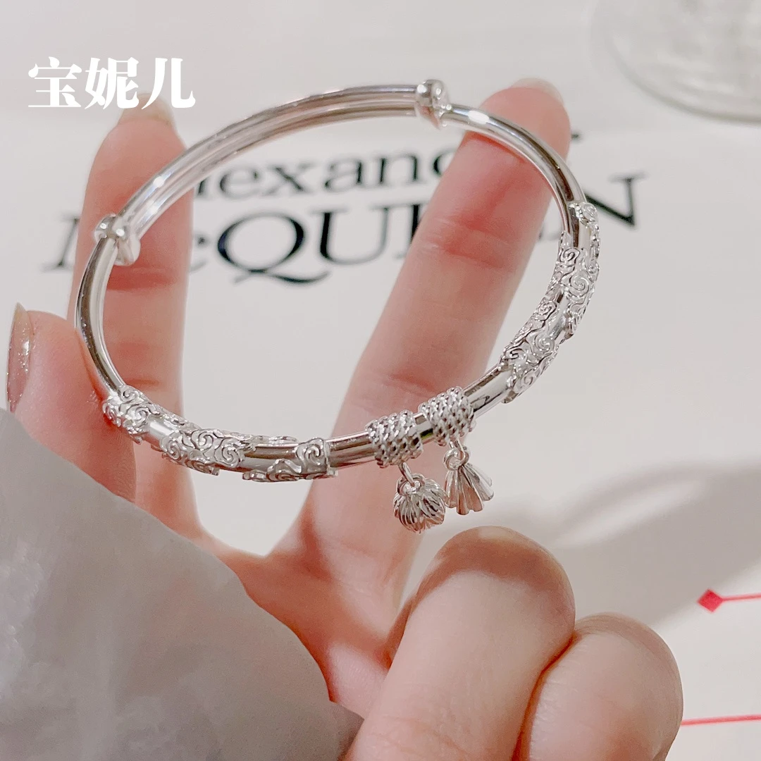足银手镯 祥云两世欢9999纯银手镯女实心推拉银镯子年轻款送女友