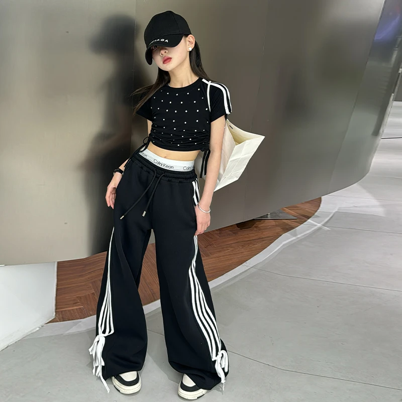 女童春夏季重工短袖2024新款儿童套装拉条丁达尔穿搭两件套6-12岁