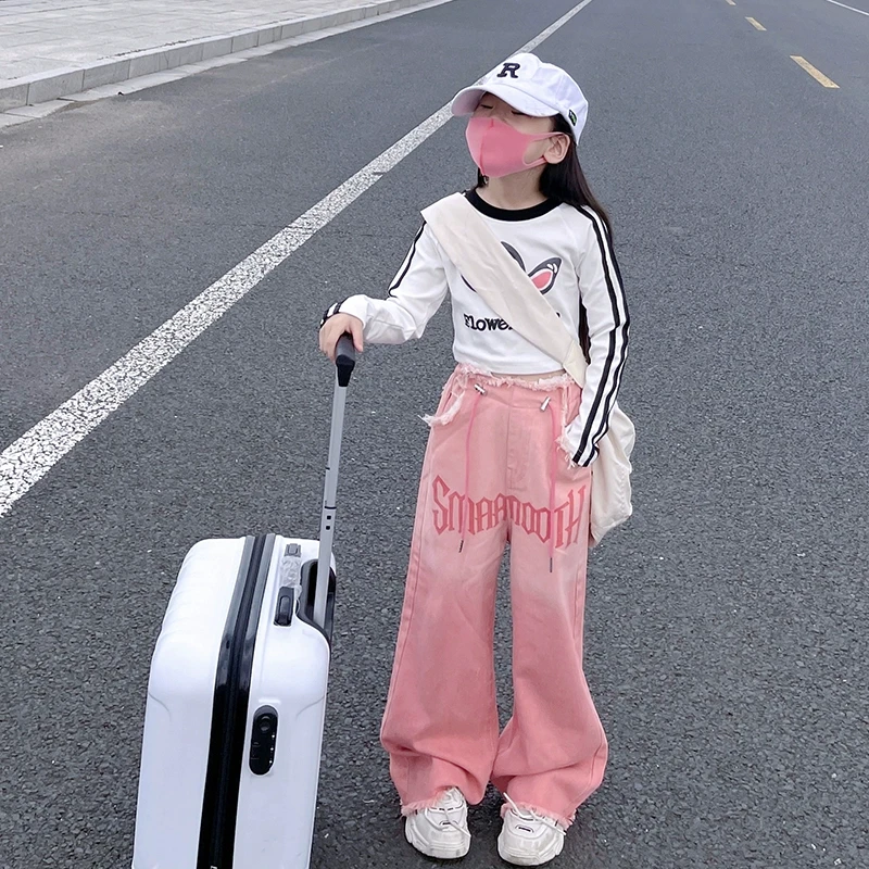 女童2024新款秋季复古渐变色直筒牛仔裤潮高腰阔腿裤长丁达尔风