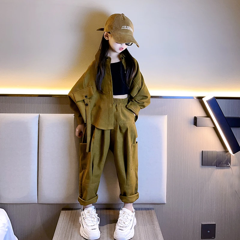 女童秋装2024新款套装时髦洋气中大童蝙蝠衫外套儿童工装裤两件套