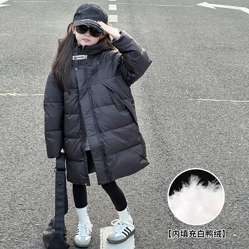 女童羽绒服2024新款洋气过膝中长款大童女孩冬季儿童冬装外套黑色