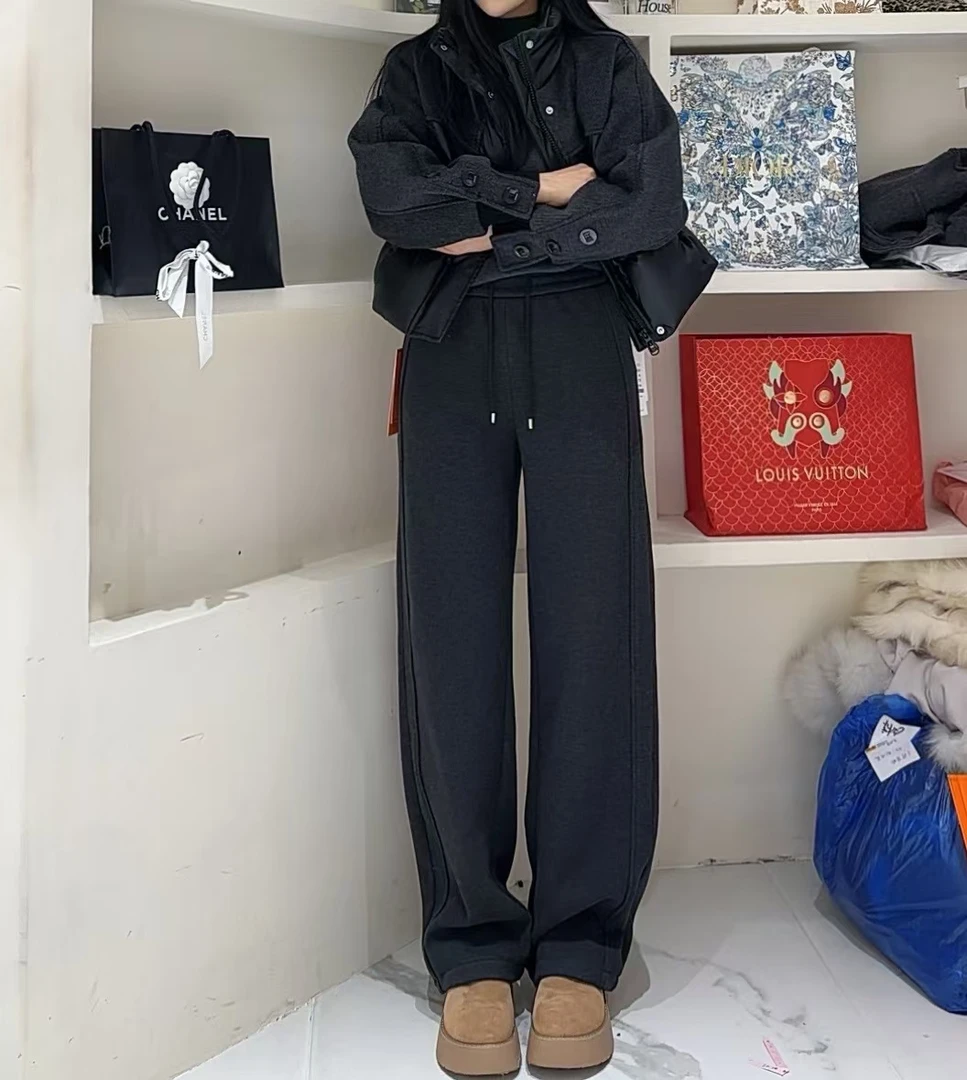 【幸运裤】必备神器~欧货松紧腰抽绳加绒直筒裤-6028