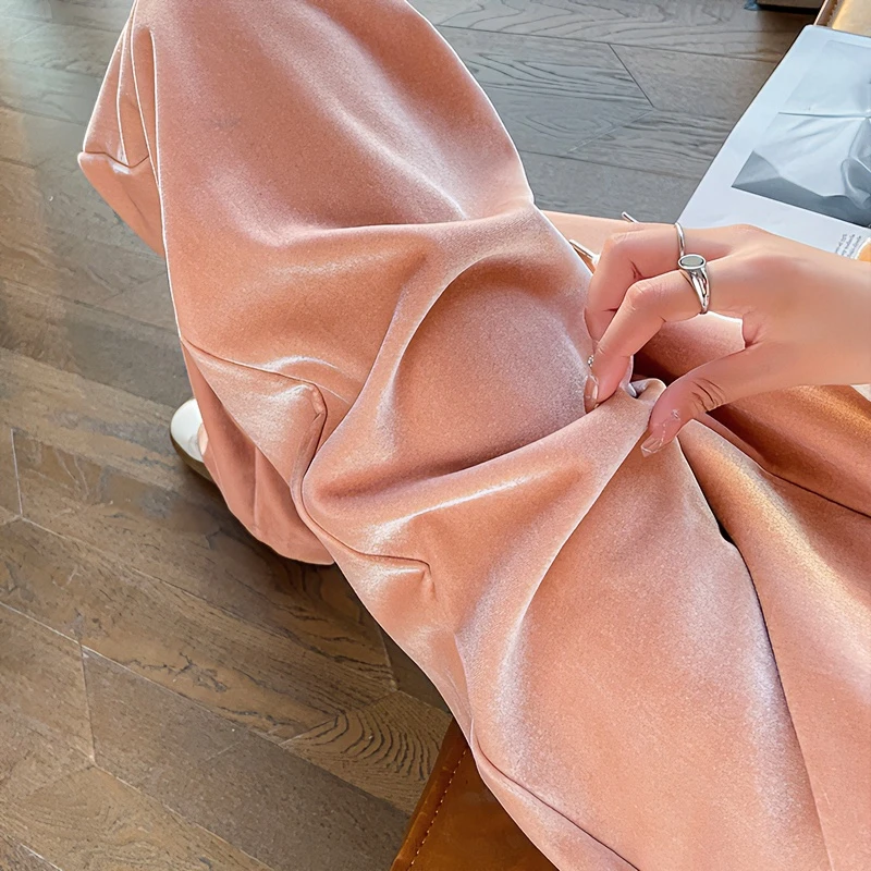 丝绒窄版阔腿裤女加绒2025秋冬新款高腰垂感宽松粉色直筒拖地裤子