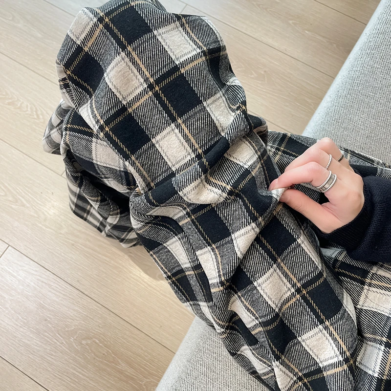 格子毛呢高腰直筒裤女秋冬2025新款显瘦垂感宽松复古休闲拖地长裤