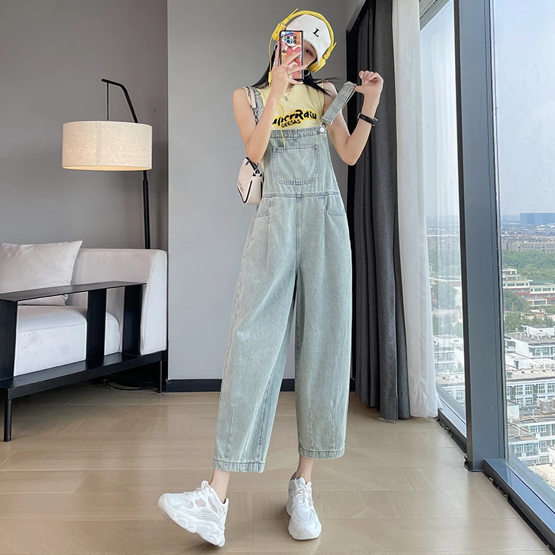 小个子减龄牛仔背带裤女2025夏季薄款高腰显瘦宽松休闲哈伦九分裤