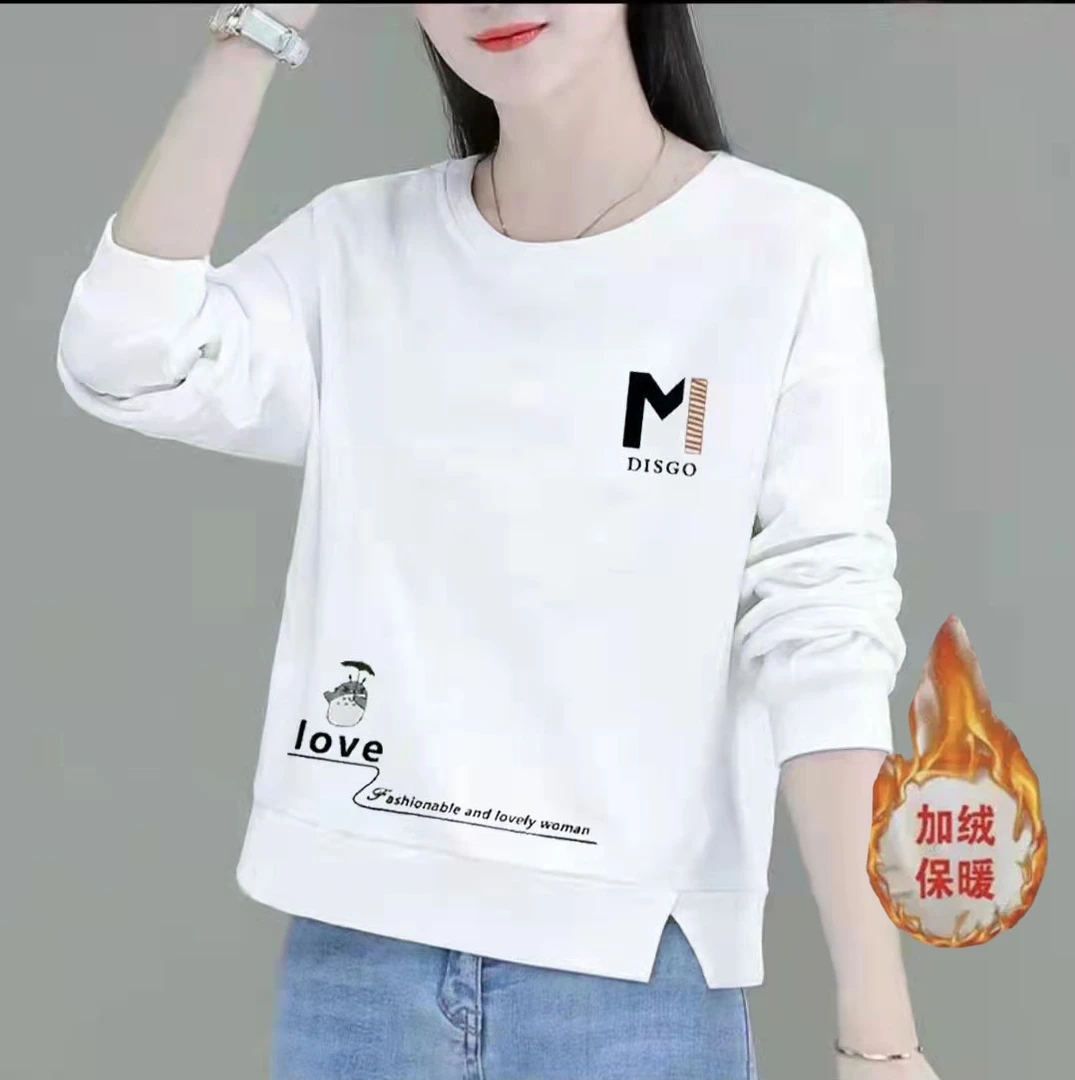 秋冬加绒t恤保暖长袖纯棉卫衣百搭白色休闲时尚韩版圆领宽松上衣