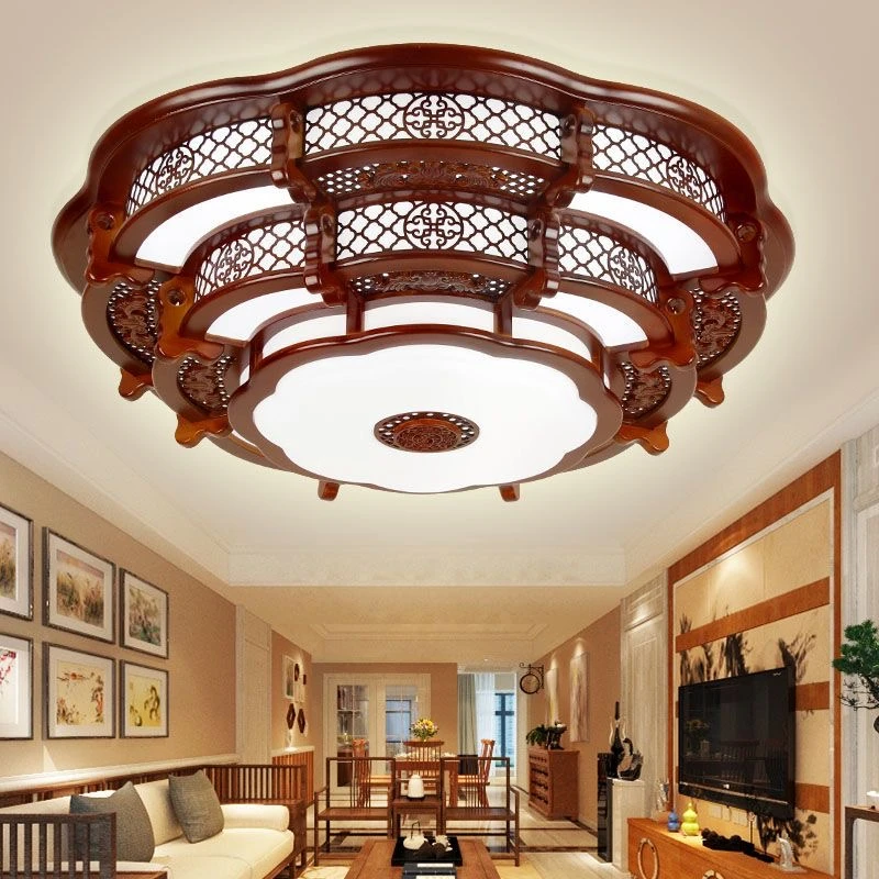 中式吸顶灯实木圆形客厅大厅灯餐厅卧室书房仿古led古典木艺灯具