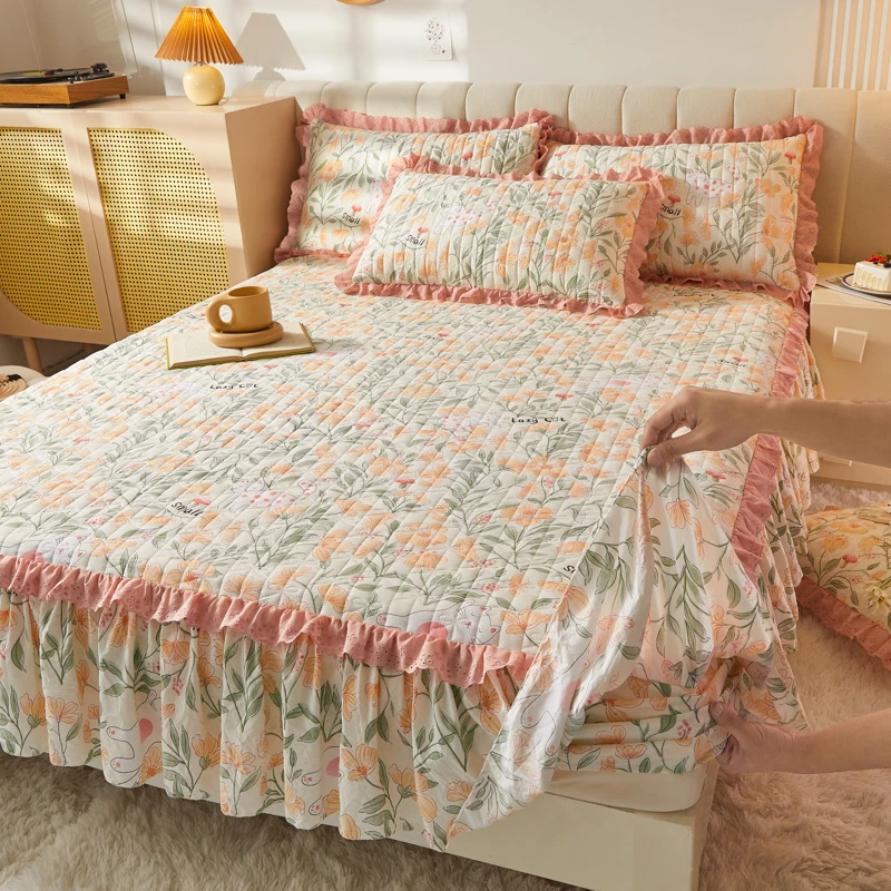 絮日四季款公主风夹棉床裙式床罩单件田园风小碎花加厚床单保护套