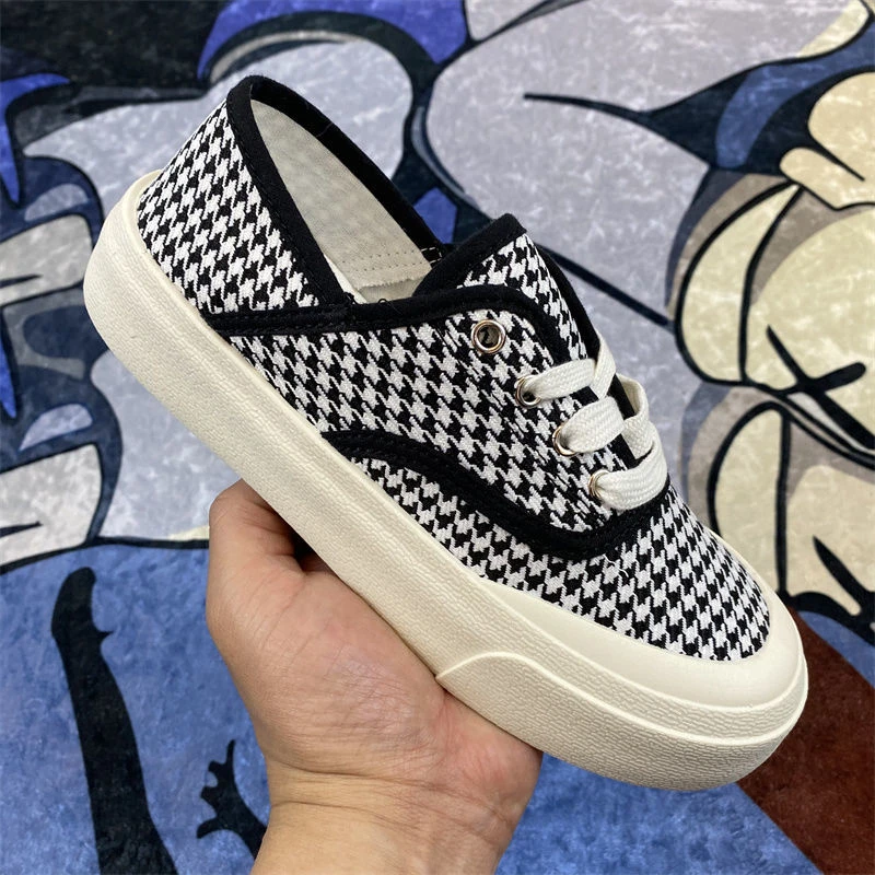 帆布鞋女新款女鞋夏季薄款单鞋韩版千鸟格鞋子两穿小众休闲板鞋