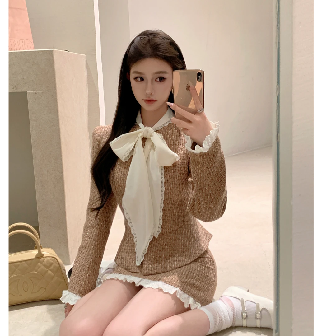 法式高级感蕾丝蝴蝶结系带修身外套+小香风半身裙两件套装女