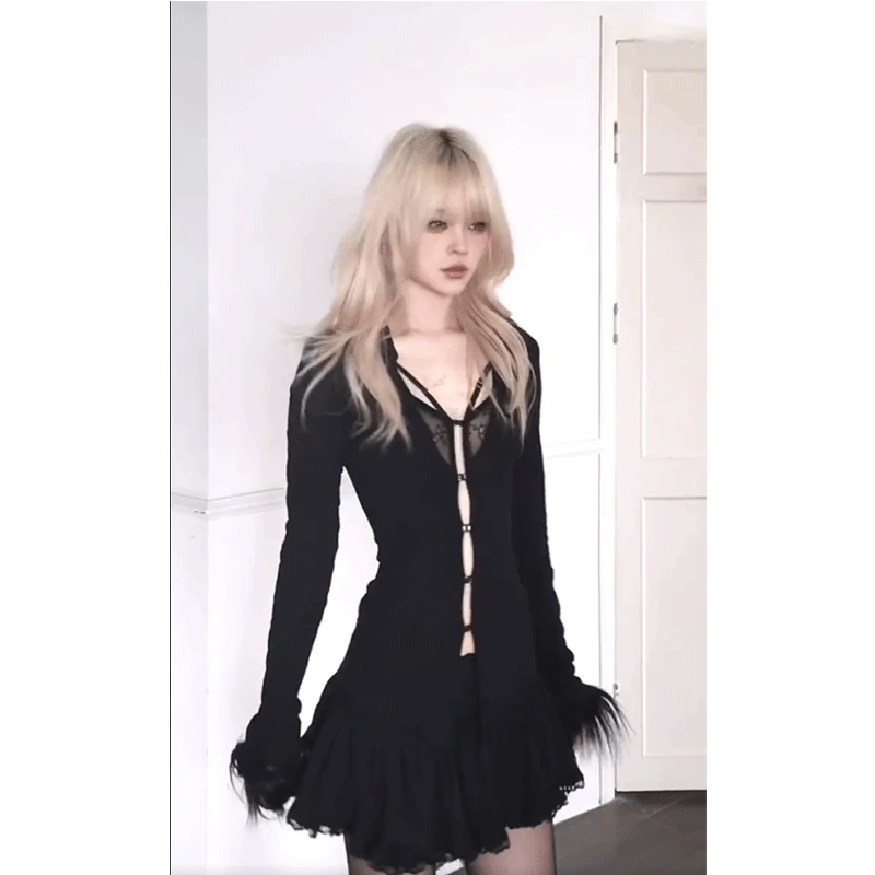 纯欲风翻领长袖T恤女秋季蕾丝拼接修身打底开衫上衣显瘦短裙子潮