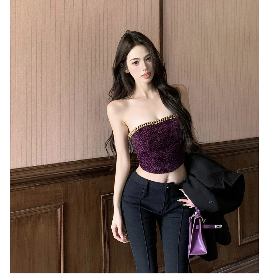 紫羽流星重工镶钻性感露背抹胸背心上衣女夏季新款显瘦休闲长裤子