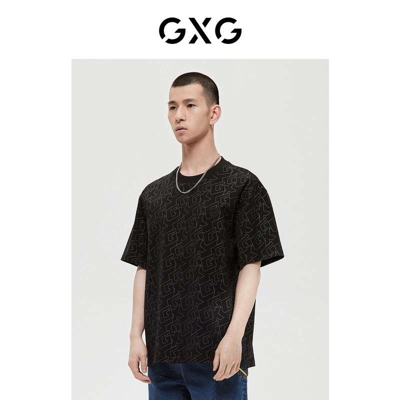 GXG男装 商场同款黑色印花潮流短袖T恤 22年冬季新品#GD1441512L