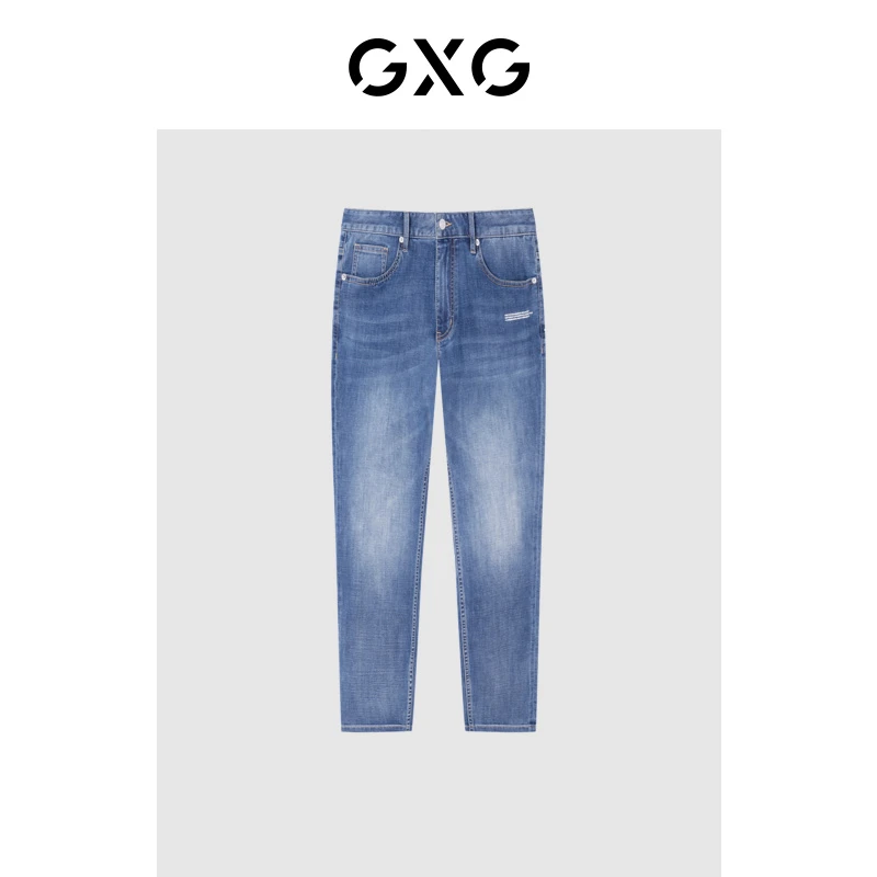 GXG男装夏季直筒型牛仔裤时尚蓝色休闲长裤水洗中腰#GD1050562C