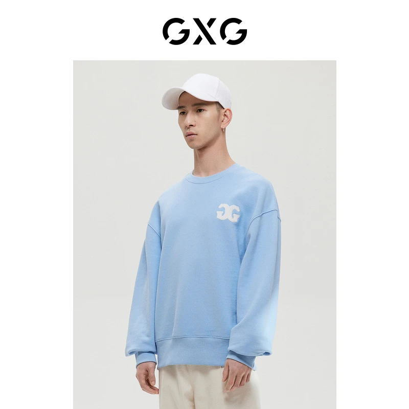 GXG男装 商场同款天蓝色绣花圆领卫衣 22年冬季新品#GD1311405I