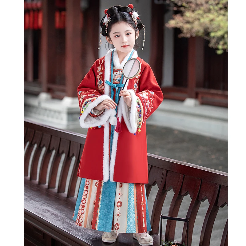 【雪似】汉髫冬季新款民族风加绒加厚中国风小女孩儿童汉服襦裙套装
