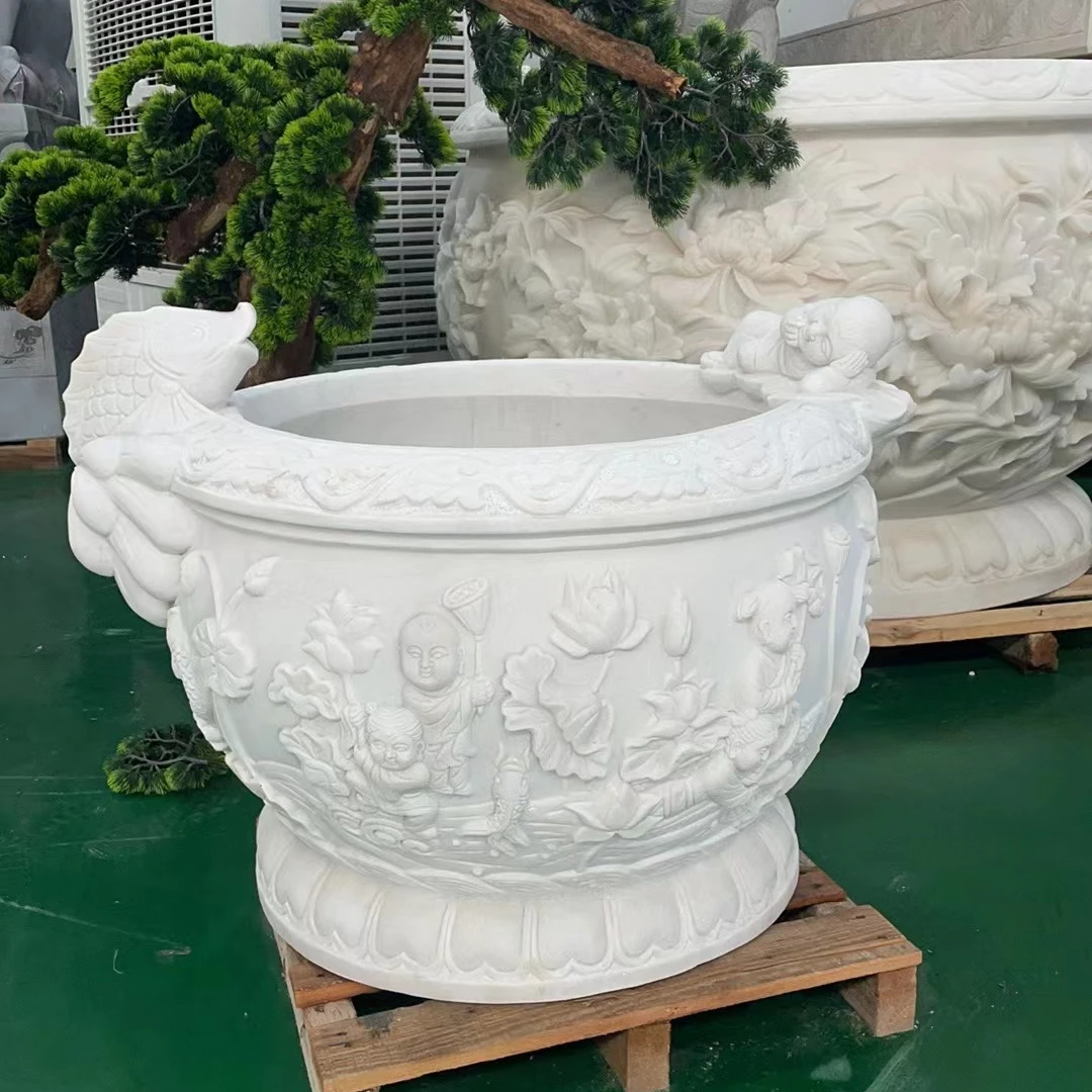 汉白玉石雕鱼缸新中式荷花盆  包邮不管卸车  别墅庭院天然龙头缸