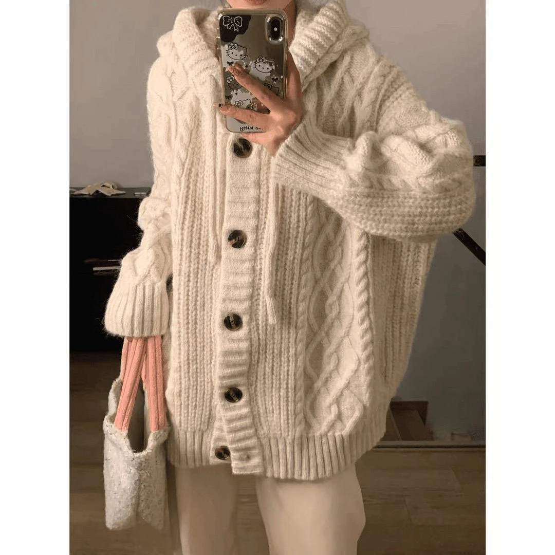 慵懒风复古麻花连帽针织外套女2024秋季新款宽松显瘦百搭毛衣开衫