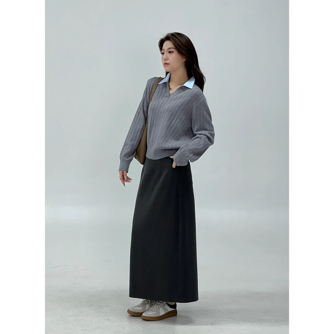 QC三妮【赫里学院】微胖大码女秋冬时尚拼接衬衫领针织衫ZY410H03