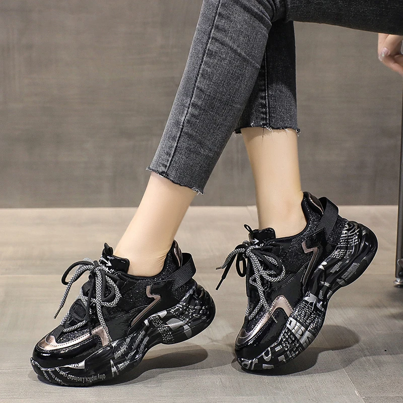 黑色老爹鞋女ins潮2023年秋冬季新款厚底加绒加厚增高运动休闲鞋