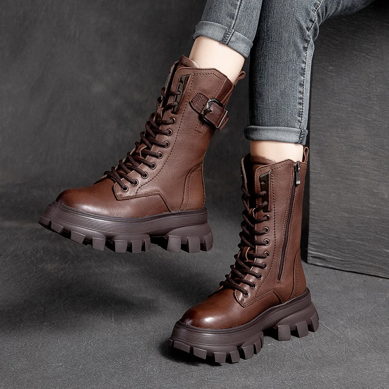 2023秋季新款女靴中筒复古高帮松糕底潮款马丁靴单靴英伦风