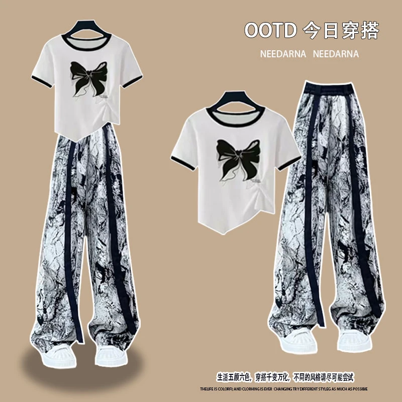 中大童洋气显瘦女童短袖女学生休闲阔腿裤新款时尚国风裤冰丝套装