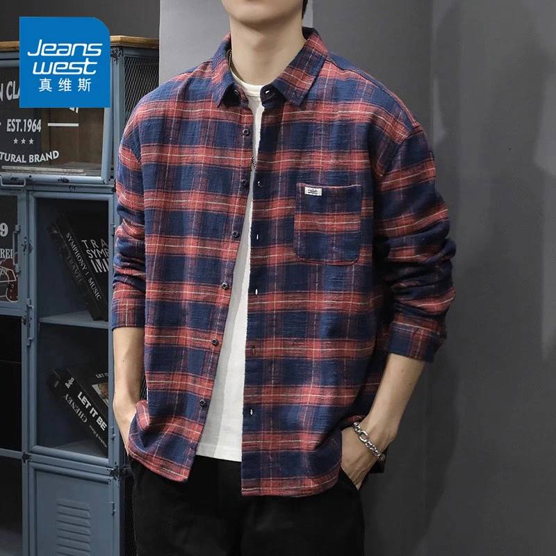 Jeanswest/真维斯秋季潮牌衬衫男士复古格子宽松日系纯棉休闲外套