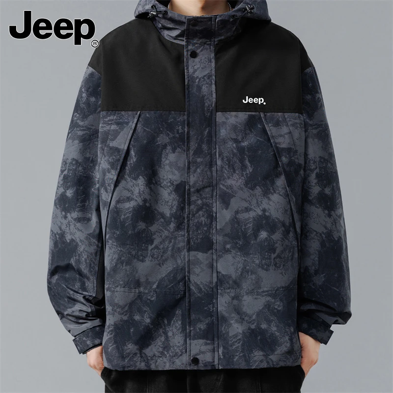 Jeep吉普休闲夹克外套春秋新款百搭户外潮流韩版印花连帽拼色男装