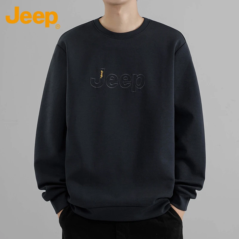 Jeep吉普男士加绒卫衣简约休闲美式运动休闲秋季圆领宽松套头纯色