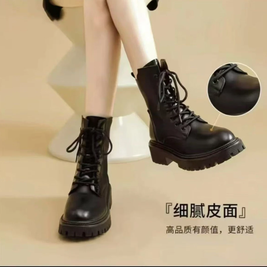 马丁靴女2024新款秋冬季爆款英伦风厚底瘦瘦短靴黑色靴子百搭单靴