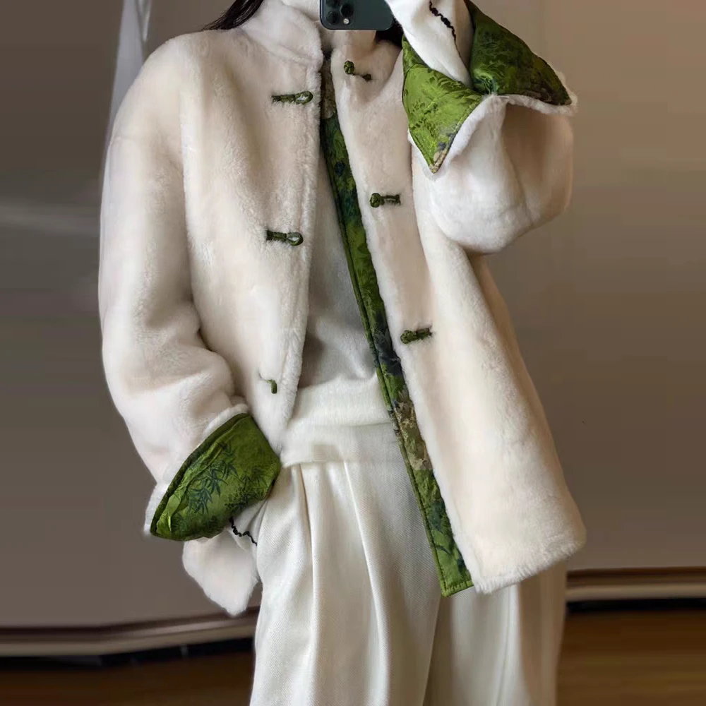 两面穿时尚新中式国风气质立领盘扣棉服毛毛外套提花棉衣 XSY0703