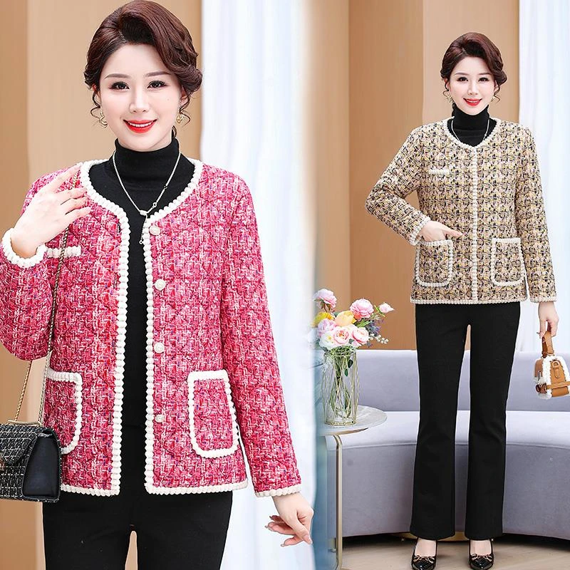 中年妈妈装冬季新款小香风加绒小棉衣气质女装棉袄子加厚洋气外套