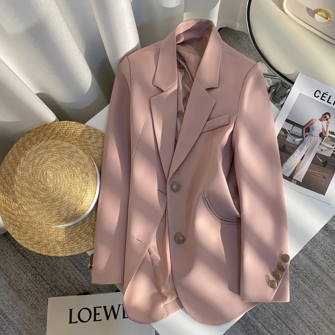 早春粉色韩系质感西装外套女休闲百搭显瘦轻奢洋气设计感网红西服
