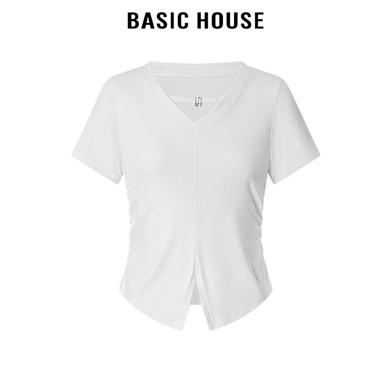 百家好/BasicHouseV领横条开叉短袖T恤女设计感修身小众上衣2024