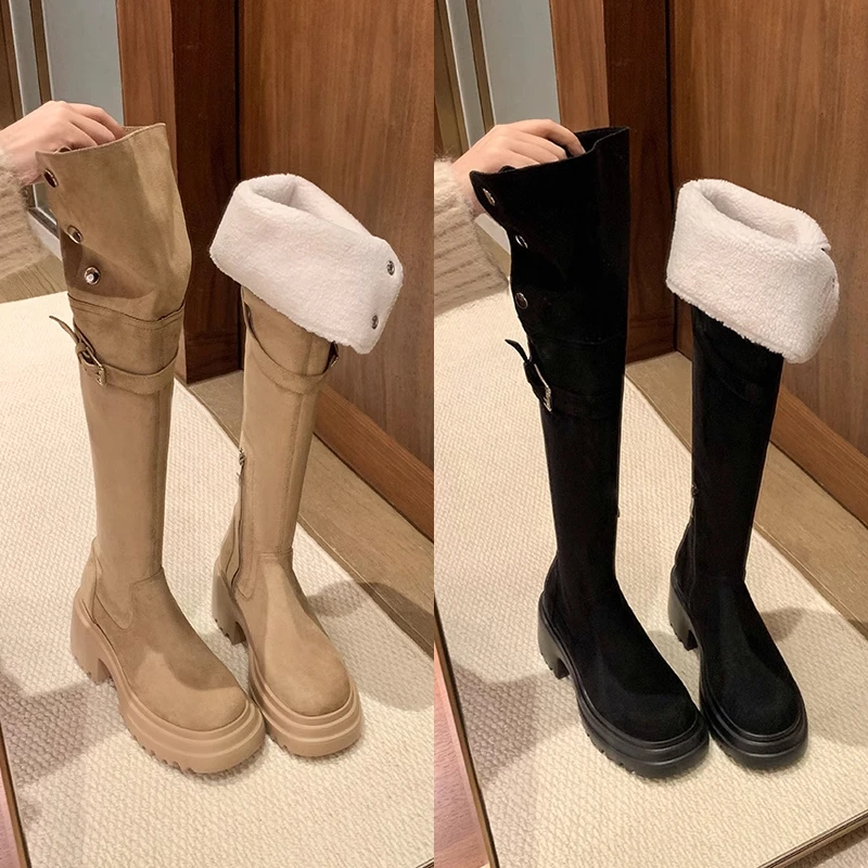 美拉德两穿翻折过膝长靴粗跟厚底胖mm大腿围显瘦长筒靴高筒骑士靴