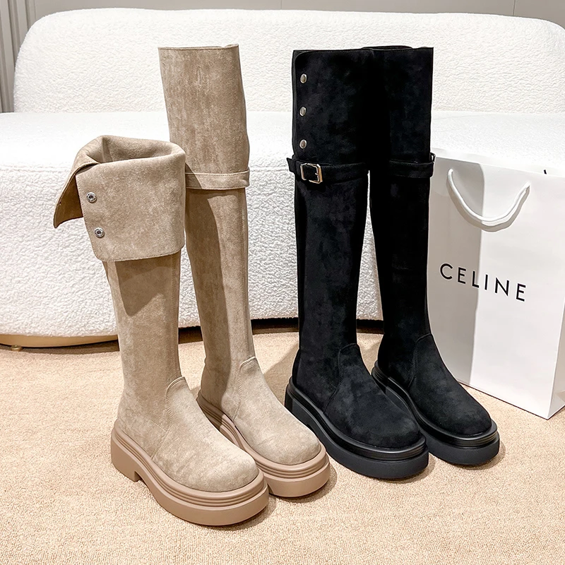 粗腿长筒靴美拉德靴子女2025新款厚底胖mm加大筒围高筒过膝长靴冬